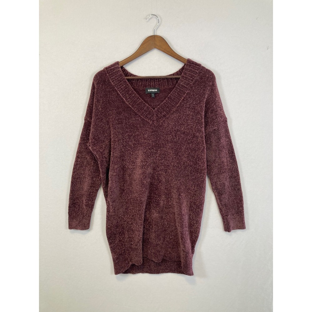 Express Womens Burgundy Chenille‎ V-Neck Oversized Tunic Sweater Small